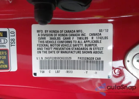 2012 Honda Civic Lx z USA, uszkodzony, nr VIN 2HGFG3B59CH533529